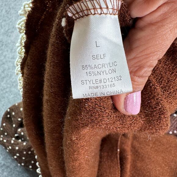 Altar'd State Women's L Brown Cream Polka Dot Cottage Boho Crochet Edge Sweater - Picture 4 of 7